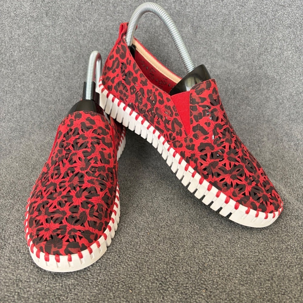 Ilse Jacobsen Tulip Slip On Sneakers Womens 38 Red Black Leopard Laser Cut Shoe